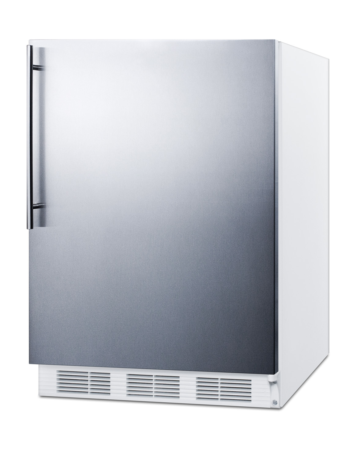 ADA compliant built-in undercounter all-refrigerator for residential use, auto defrost with stainless steel wrapped door, thin handle, and white cabinet